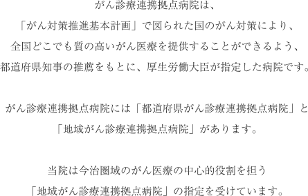 がん診療連携拠点病院は、「がん対策推進基本計画」で図られた国のがん対策により、全国どこでも質の高いがん医療を提供することが出来るよう、都道府県知事の推薦をもとに、厚生労働大臣が指定した病院です。がん診療連携拠点病院には「都道府県がん診療連携拠点病院」と「地域がん診療連携拠点病院」があります。当院は今治圏域のがん医療の中心的役割を担う「地域がん診療連携拠点病院」の指定を受けています。